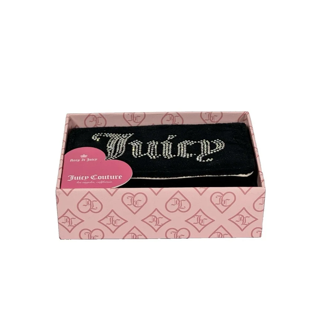 Juicy Couture Black Rhinestone Logo Trifold Wallet Faux Leather NWT Gift Box